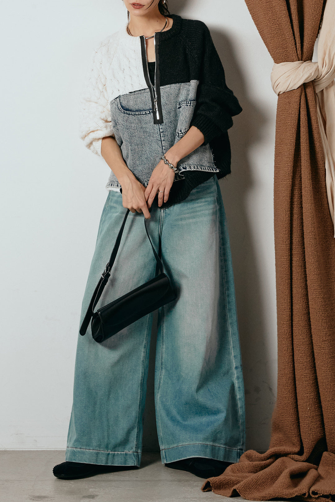 [SET]ハーフジップニットデニムドッキングトップス+ウエストダブルボタンワイドデニムパンツ(2set)