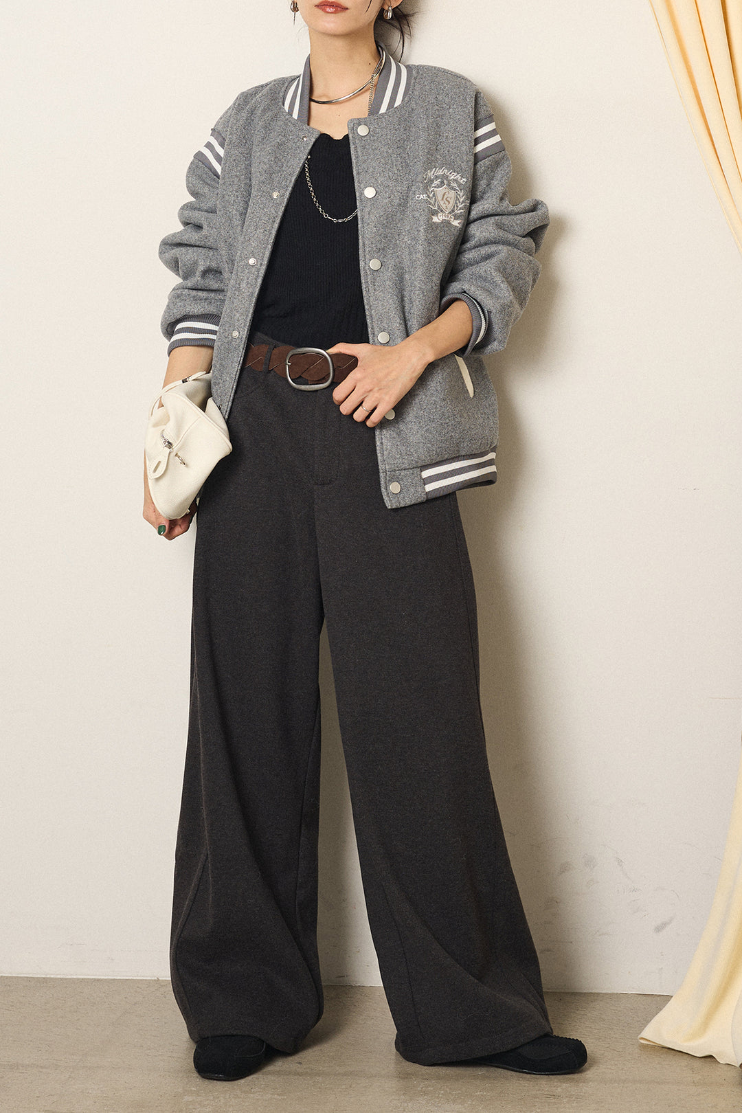 [SET]ワンポイントデザインブルゾン+編みベルト付きワイドパンツ(2set)