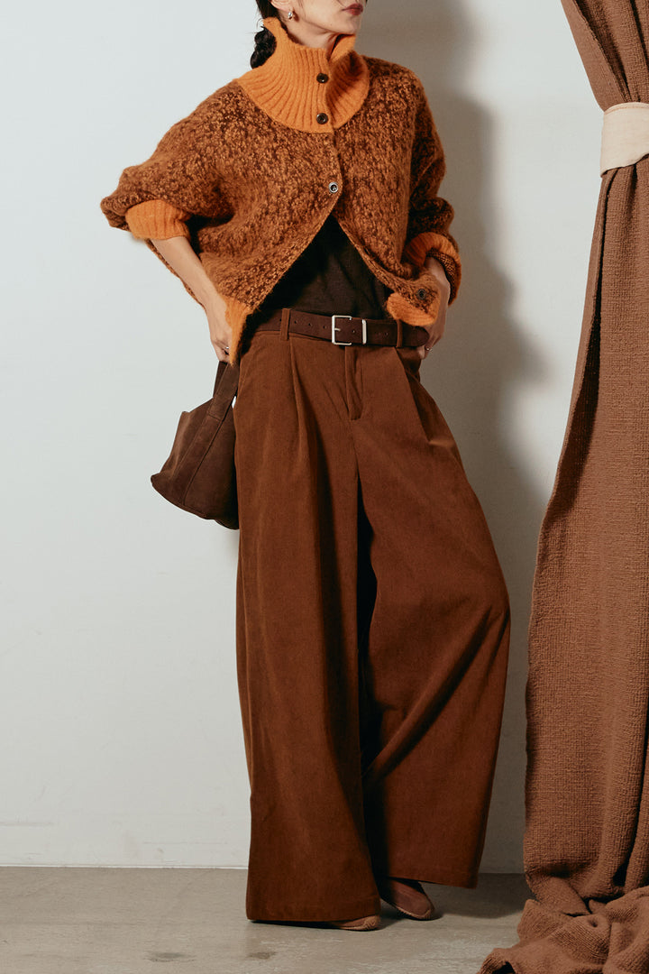 [SET]ハイネックミックスニットトップス+太ベルト付きコーデュロイタックパンツ(2set)
