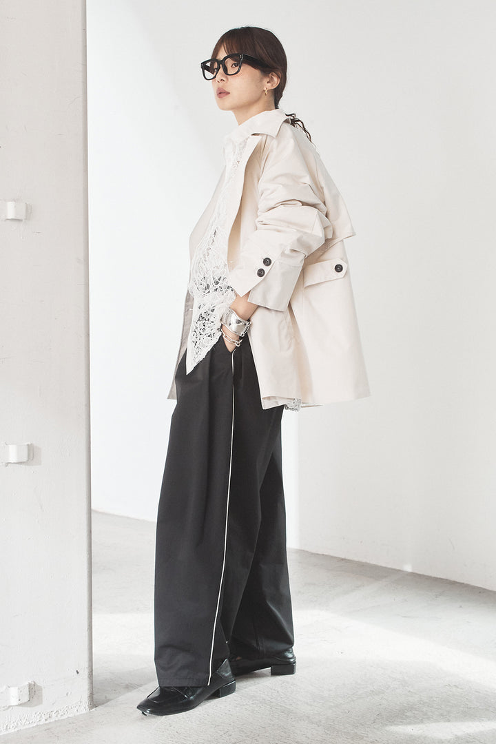 [SET]ナイロントレンチコート+合繊ツイルパイピングタックカーブパンツ+刺繍レースオーバーサイズシャツ(3set)