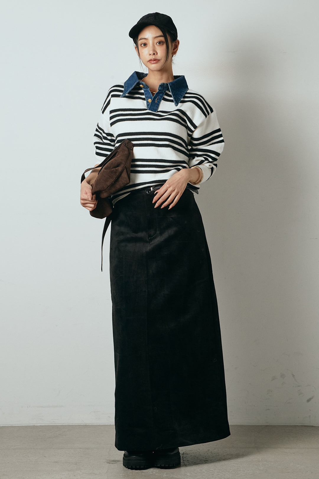 [SET]デニムレイヤード風ランダムボーダーニットプルオーバー+エコスウェードワイドスカート(2set)