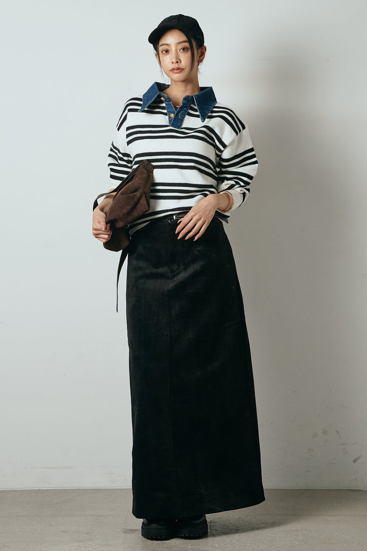 [SET]デニムレイヤード風ランダムボーダーニットプルオーバー+エコスウェードワイドスカート(2set)