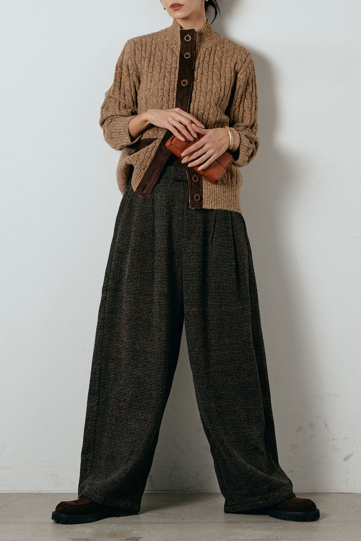 [SET]ボトルネックケーブルニットカーディガン+起毛タック入りツイードワイドパンツ(2set)