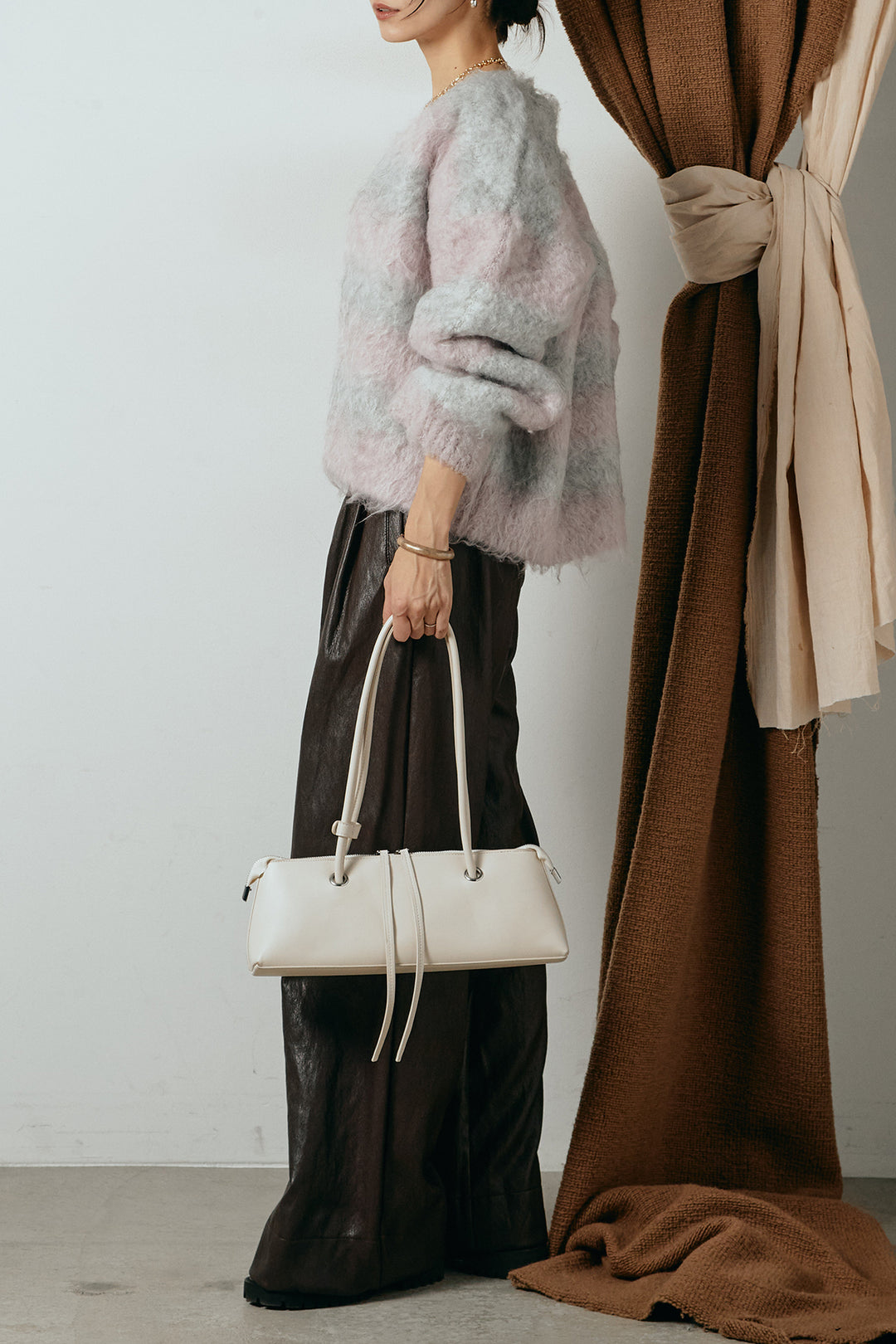 [SET]シャギーボーダー柄ニットカーディガン+ベルト付きレザーライクタックパンツ(2set)