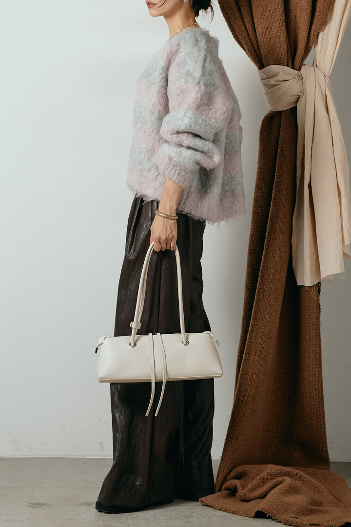 [SET]シャギーボーダー柄ニットカーディガン+ベルト付きレザーライクタックパンツ(2set)