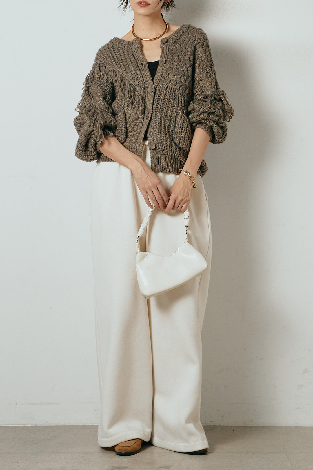 [SET]ランダムフリンジニットカーディガン+裏起毛スウェットワイドパンツ(2set)