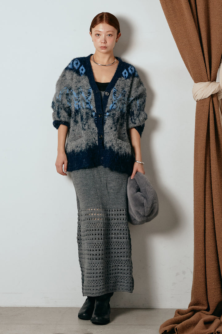 [SET]シャギーニュアンス柄ニットカーディガン+裾透かし編みキャミソールニットワンピース(2set)
