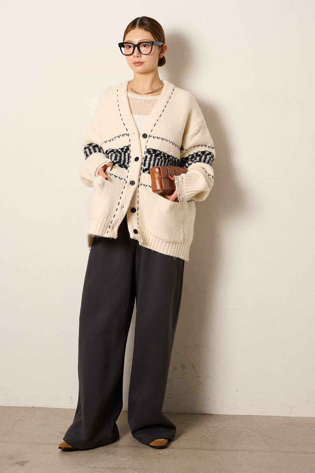 [SET]ライン柄ステッチニットカーディガン+2WAY袖コード刺繍クルーネックプルオーバー(2set)