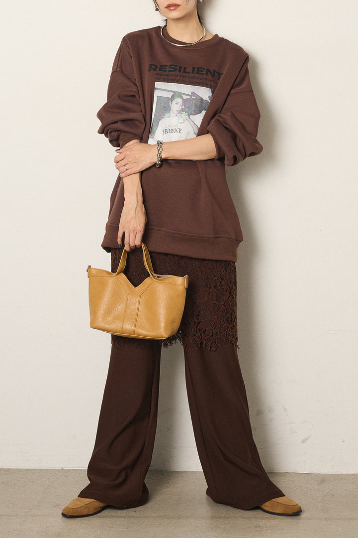 [SET]モノトーンプリントスウェット+レース刺繍レイヤードフレアパンツ(2set)