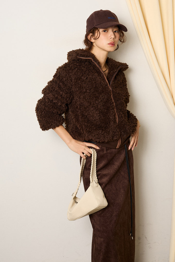 [SET]スタンドカラー裾リブボアブルゾン+ロープベルト付きスウェード調スカート(2set)