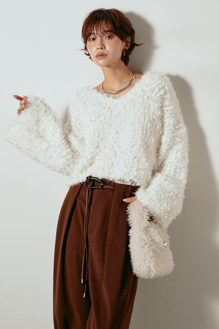 [SET]深Vネックチョウチョヤーンニットトップス+細フェイクレザーベルト付きワイドタックパンツ(2set)