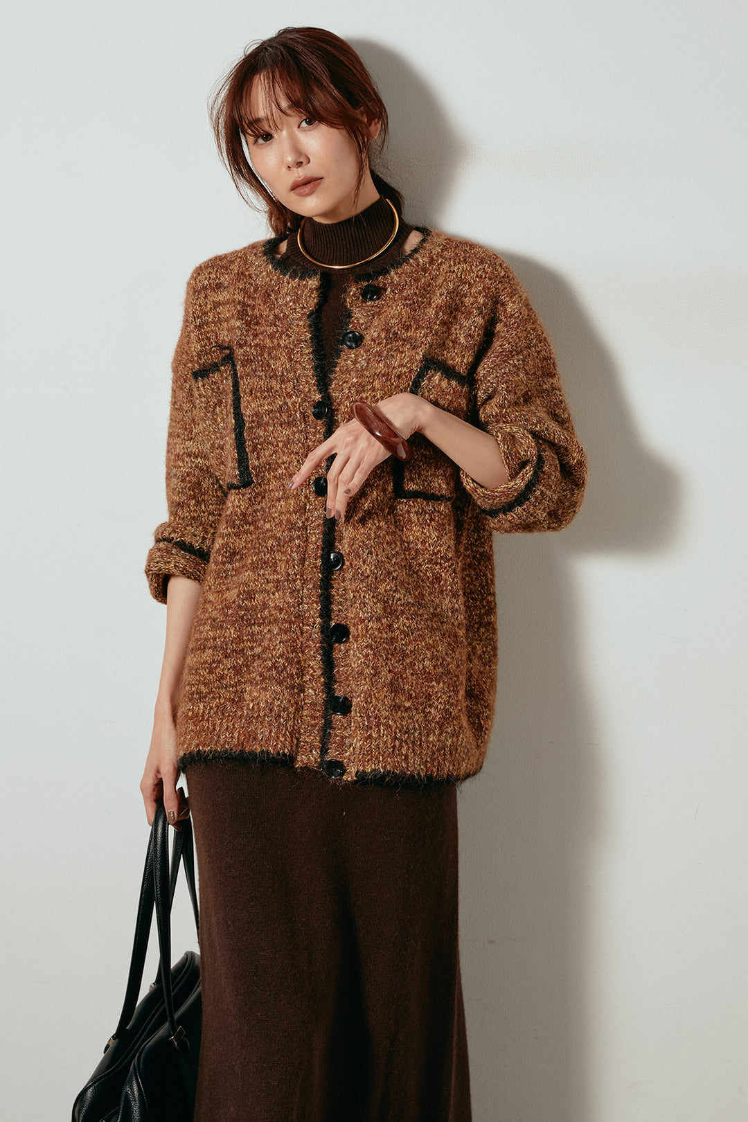 [SET]ミックスニットポケットカーディガン+ノースリーブニットロングワンピース(2set)