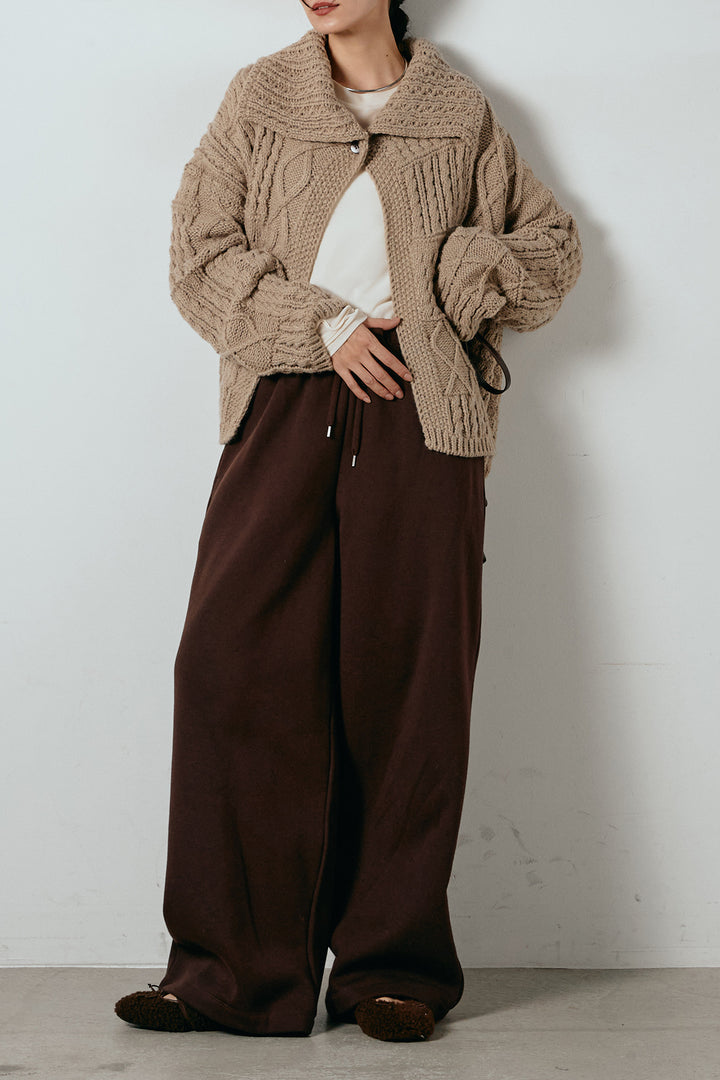 [SET]ビッグカラーケーブル編みニットトップス+2WAY袖コード刺繍クルーネックプルオーバー+裏起毛スウェットワイドパンツ(3set)