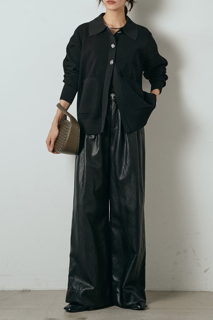 [SET]メタル釦衿付きニットカーディガン+ベルト付きレザーライクタックパンツ(2set)