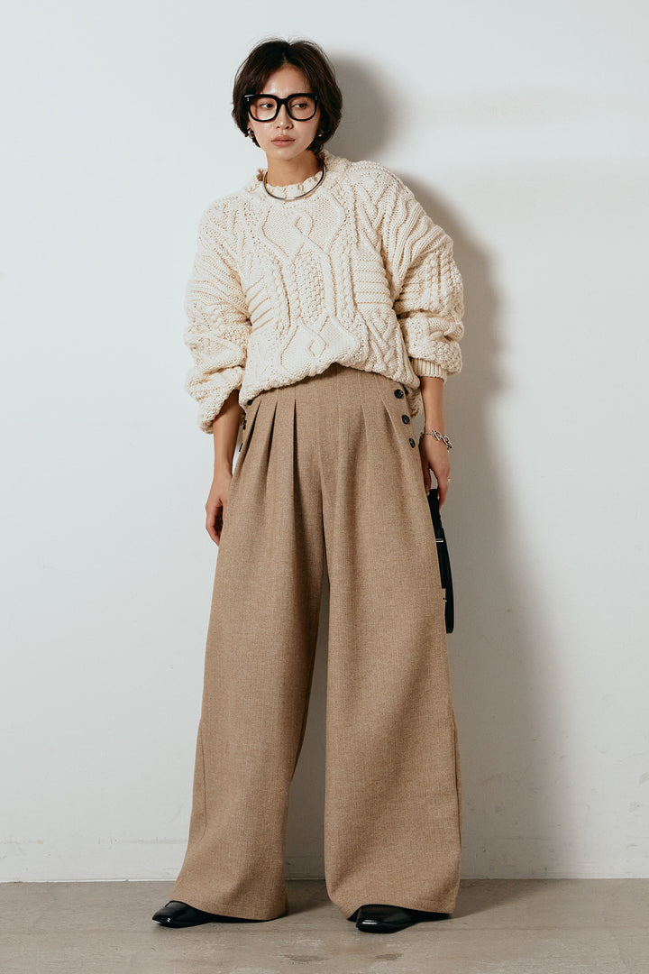 [SET]アラン柄ミックスケーブルニット+サイドボタンツイードタックパンツ(2set)