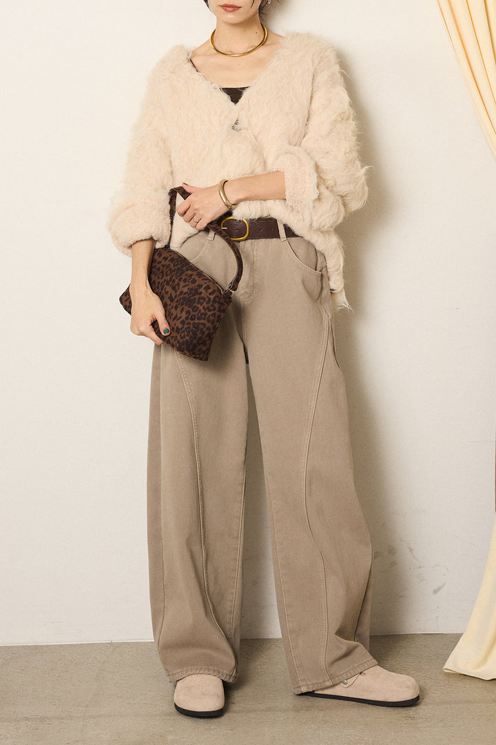 [SET]起毛シャギーニットカーディガン+ベルト付きカジュアルカーブワイドパンツ(2set)
