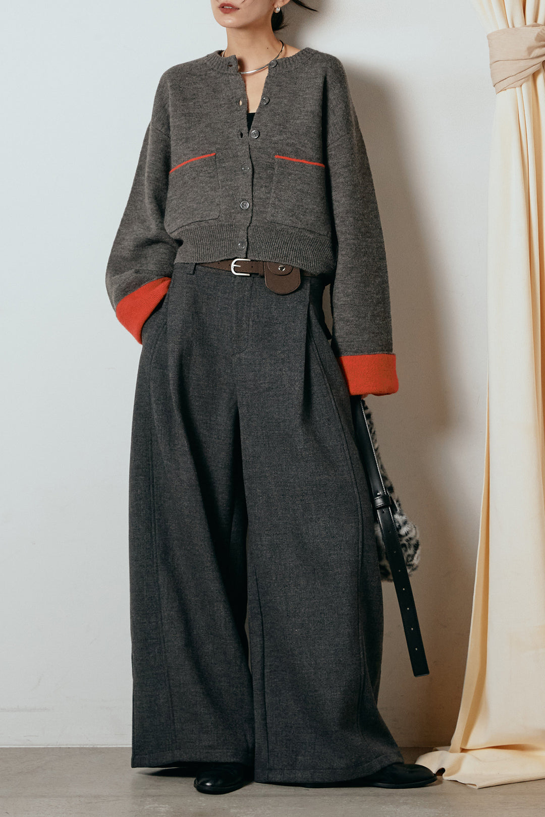 [SET]アルパカタッチダブルフェイスカーディガン+ポーチベルト付きカーブパンツ(2set)