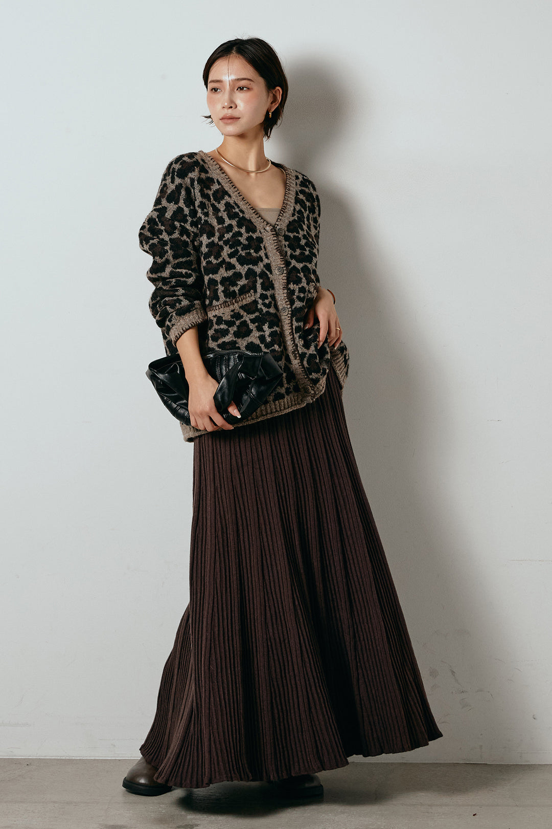 [SET]ステッチデザインレオパードニットカーディガン+リブニットフレアスカート(2set)