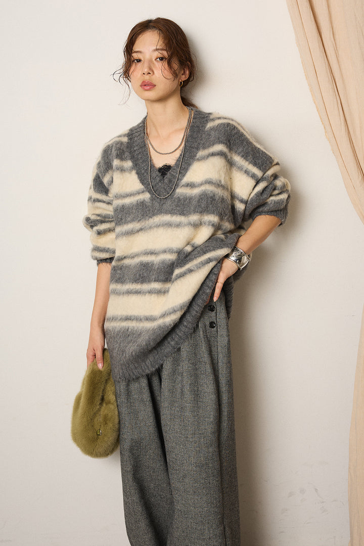 [SET]ルーズVネックボーダーニットトップス+サイドボタンツイードタックパンツ(2set)