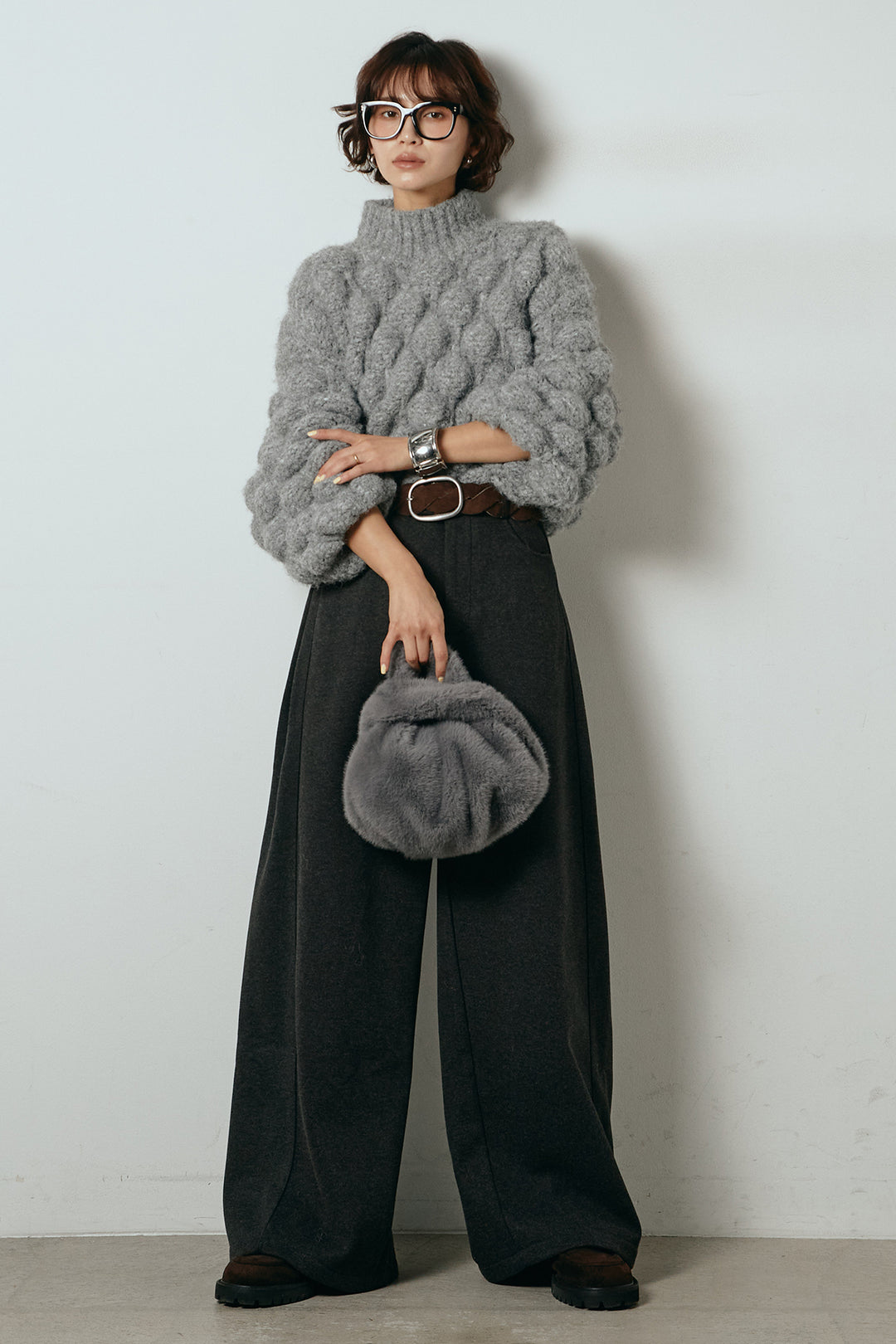 [SET]ボリュームポップコーンニットトップス+編みベルト付きワイドパンツ(2set)