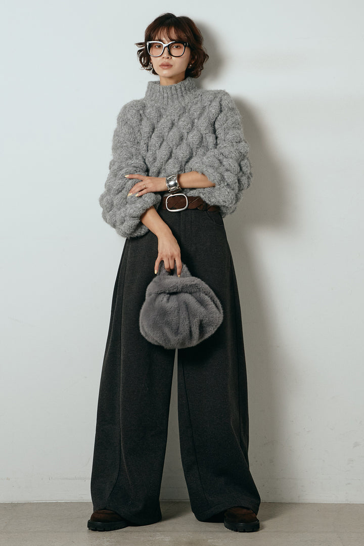 [SET]ボリュームポップコーンニットトップス+編みベルト付きワイドパンツ(2set)