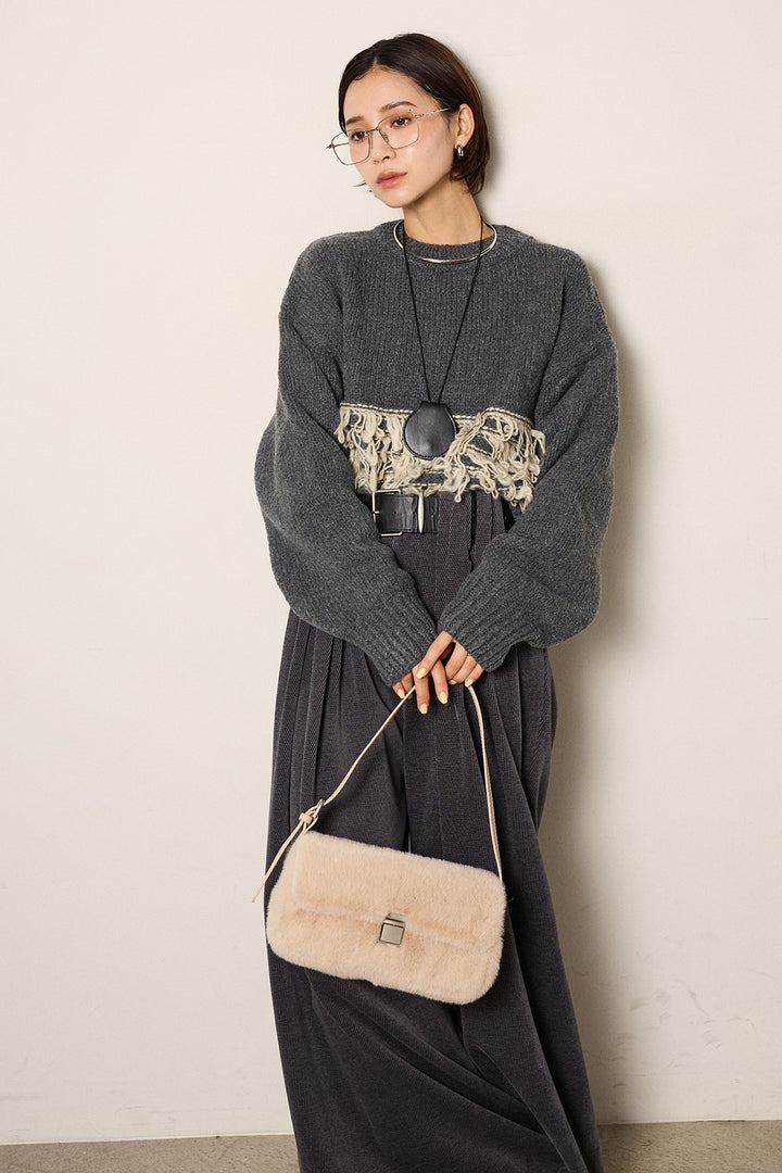 [SET]ループ編み切り替えニットプルオーバー+ベルトループコーデュロイワイドパンツ(2set)