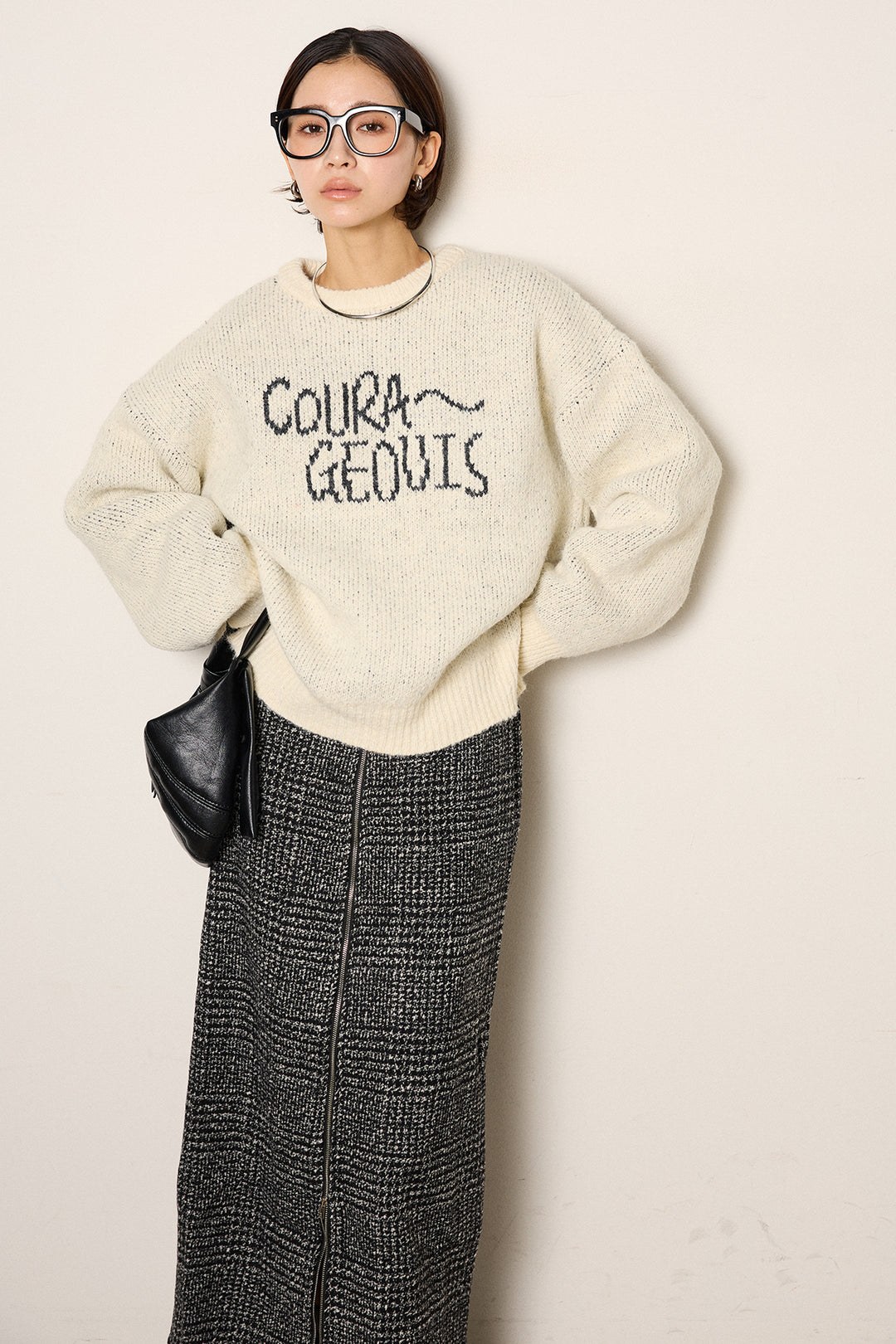 [SET]ロゴシャギーニットプルオーバー+グレンチェック柄フロントジップタイトスカート(2set)