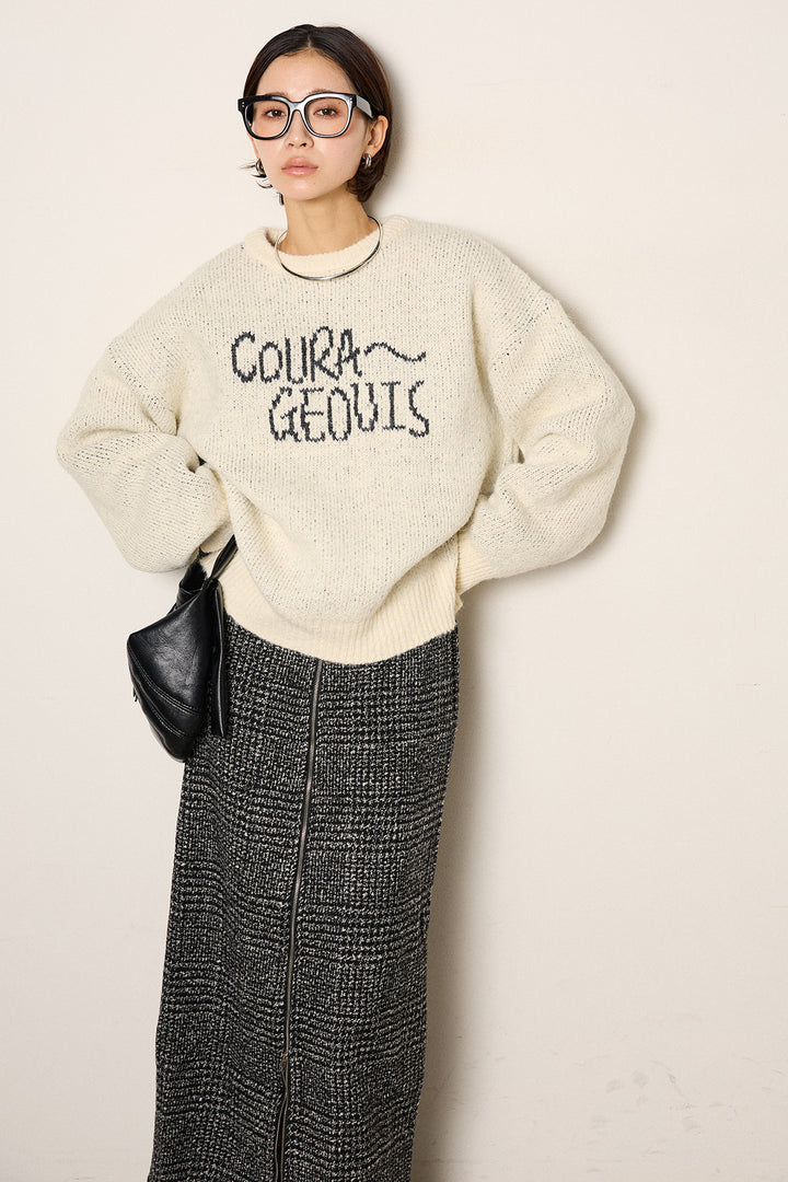 [SET]ロゴシャギーニットプルオーバー+グレンチェック柄フロントジップタイトスカート(2set)