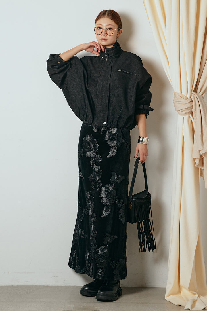 [SET]デニム調ハイネックブルゾン+フラワー刺繍ワイドスカート(2set)