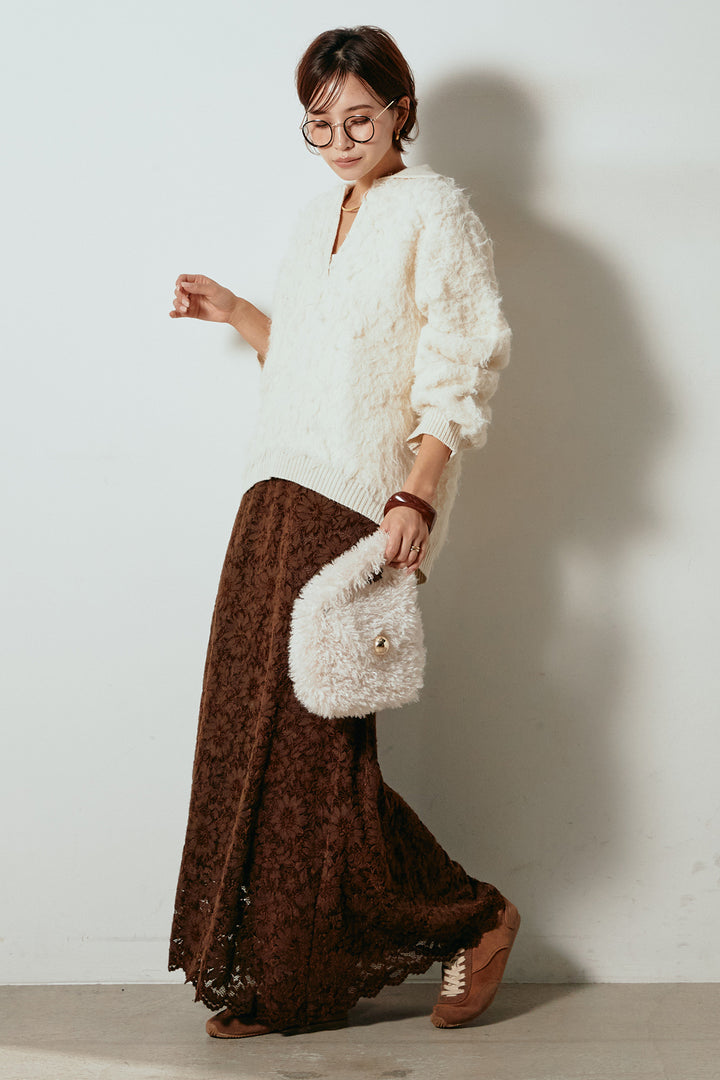 [SET]襟付きシャギーニットポロトップス+花柄刺繍ベロアフレアスカート(2set)