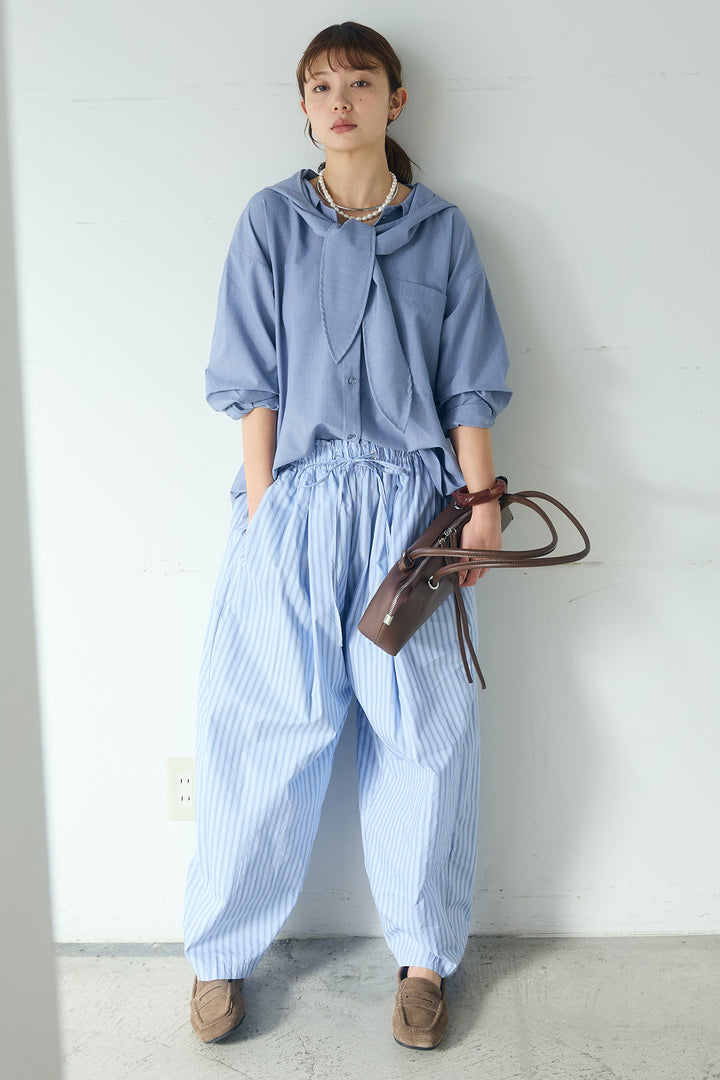 [SET]無地タイ付フーディーBIGシャツ+ランダムストライプタックギャザーパンツ(2set)