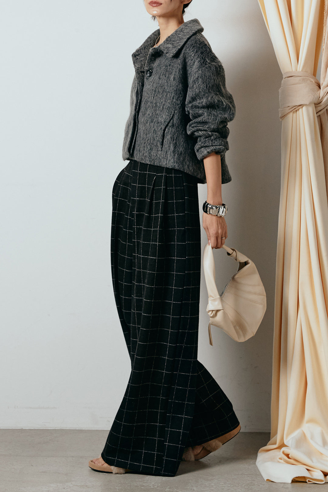[SET]シャギーショートジャケット+スクエアチェック柄ワイドパンツ(2set)