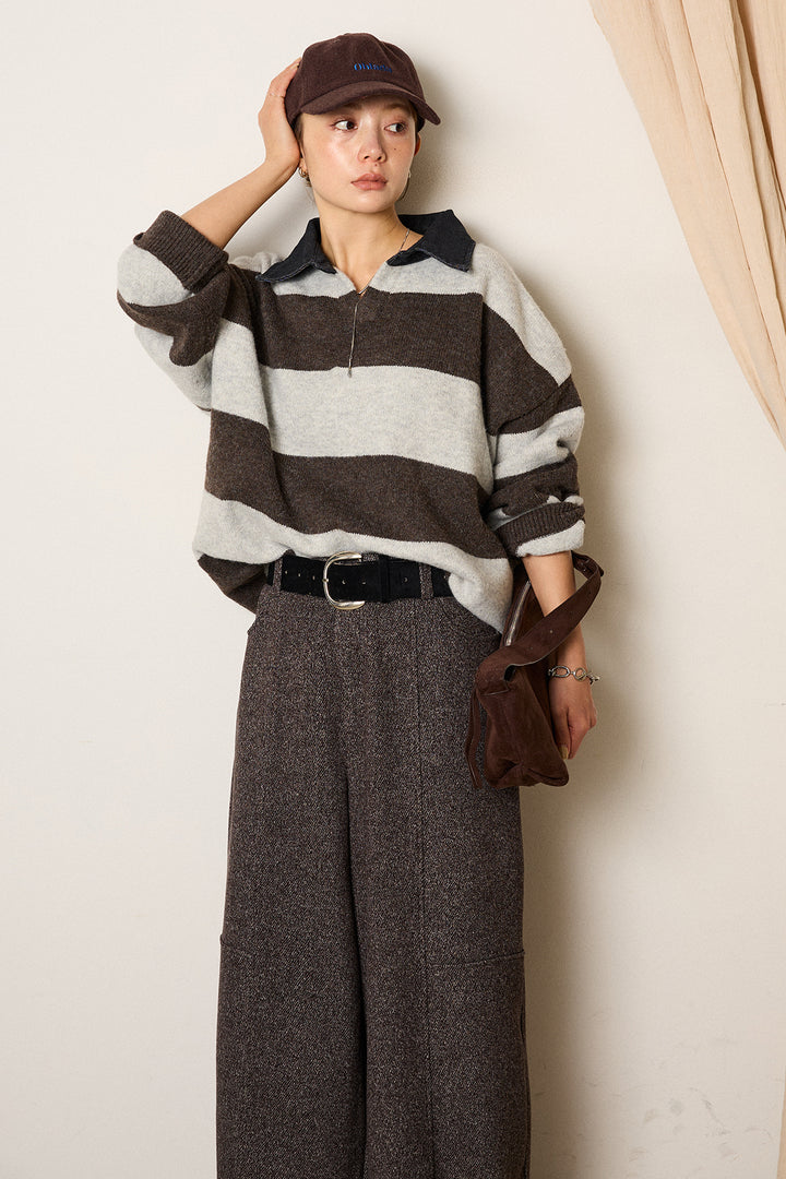 [SET]デニムカラーボーダールーズニット+太ベルト付きツイードワイドパンツ(2set)