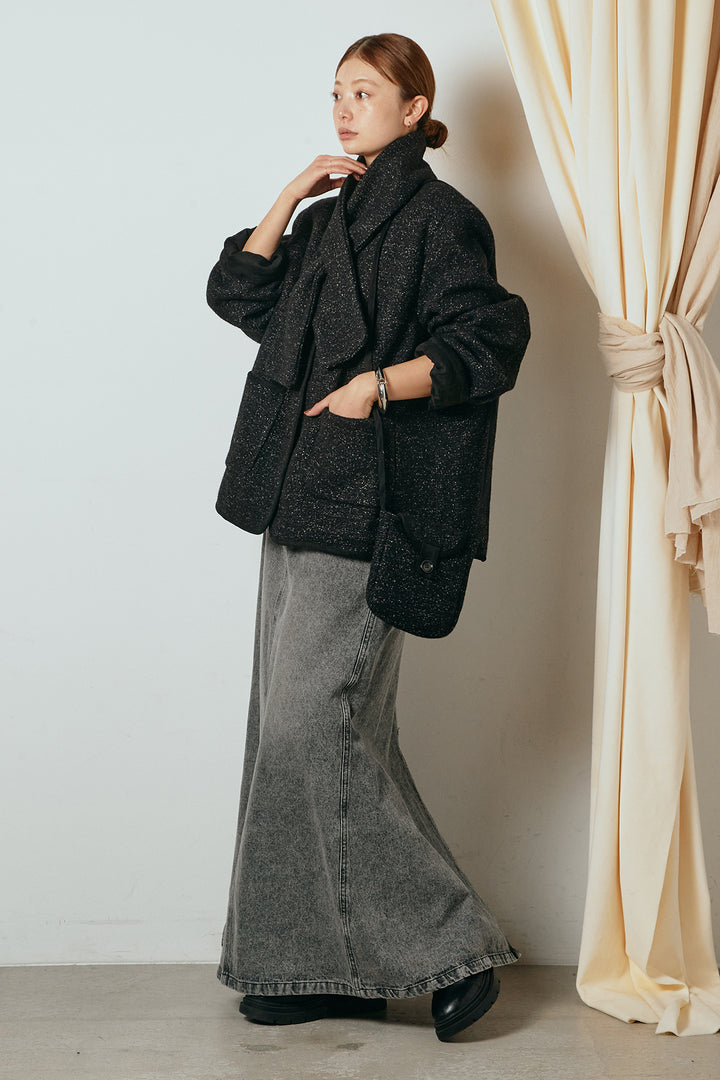 [SET]ノーカラーマフラーバッグ付きアウター+デニムロングフレアスカート(2set)