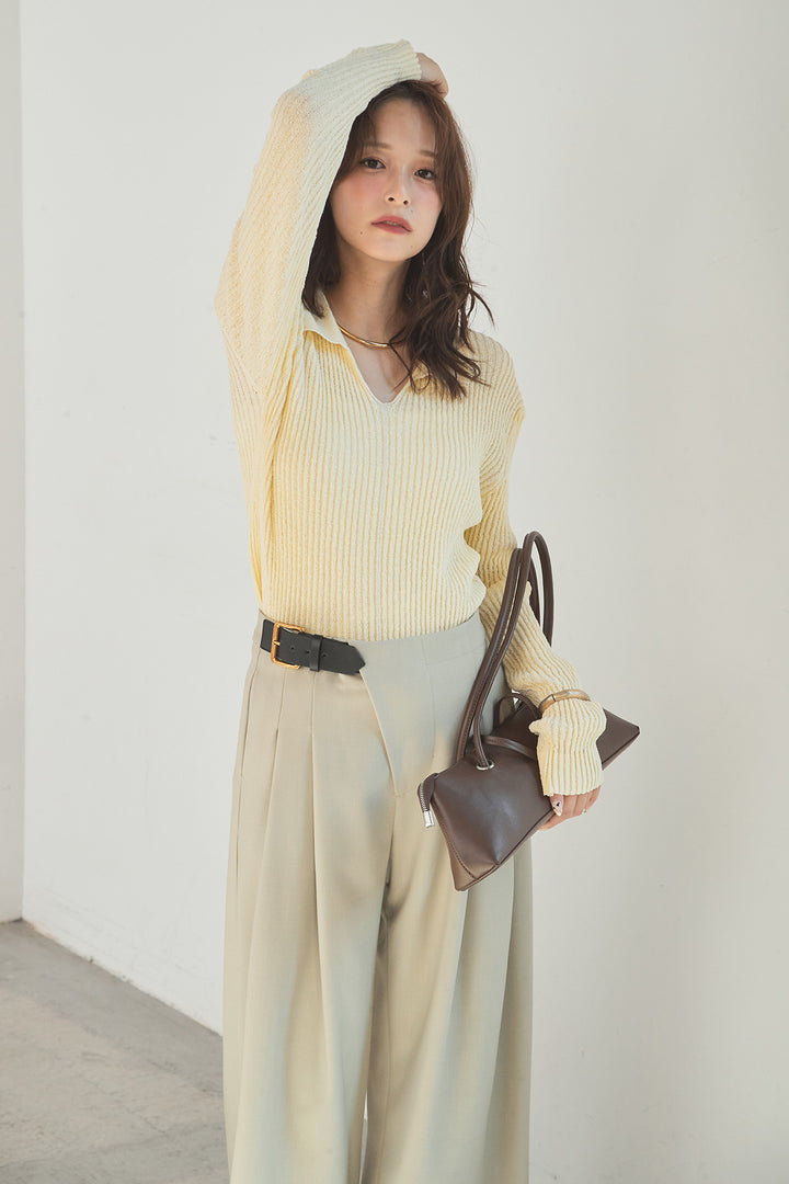 [SET]衿付きニットプルオーバー+サイドベルトタック入りスラックス(2set)