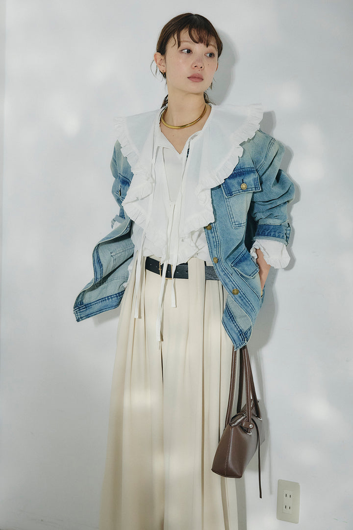 [SET]ノーカラーデニムポケットジャケット+コットンフリルブラウス+ベルト付きタックデザインハイウエストロングパンツ(3set)