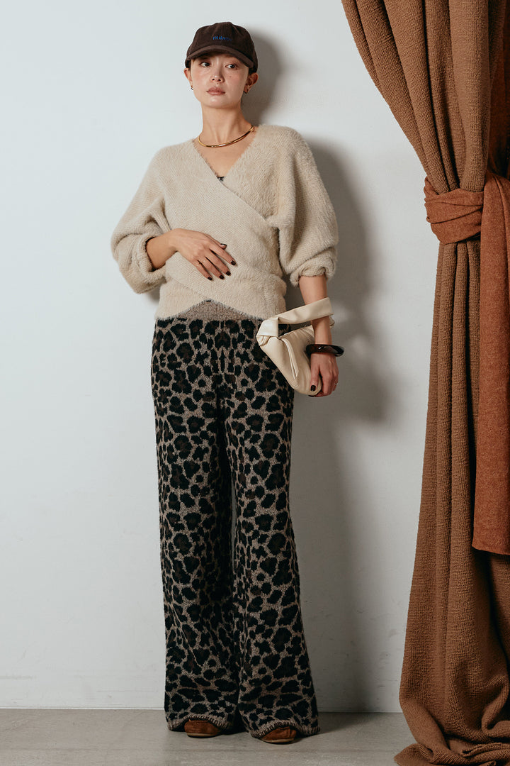 [SET]シャギーカシュクールニットトップス+リラックスレオパード柄ニットパンツ(2set)