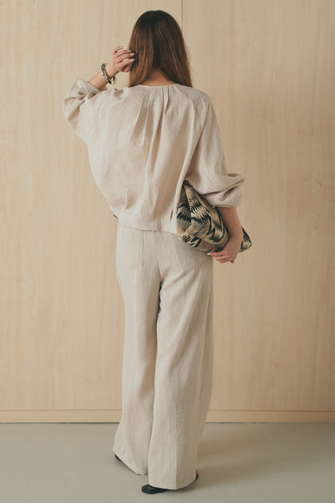 [SET]麻混ノーカラーブルゾン+麻混ウエストドロストパンツ(2set)