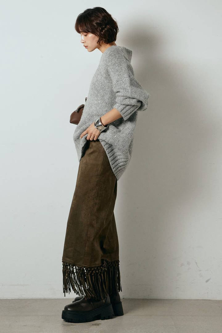 [SET]Vネックラメニットトップス+スウェードライク裾フリンジスカート(2set)