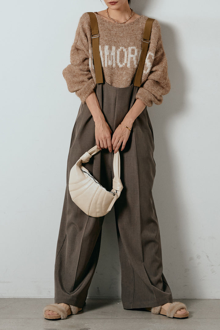 [SET]フロントロゴデザインニットトップス+ワイドツイルサロペット(2set)