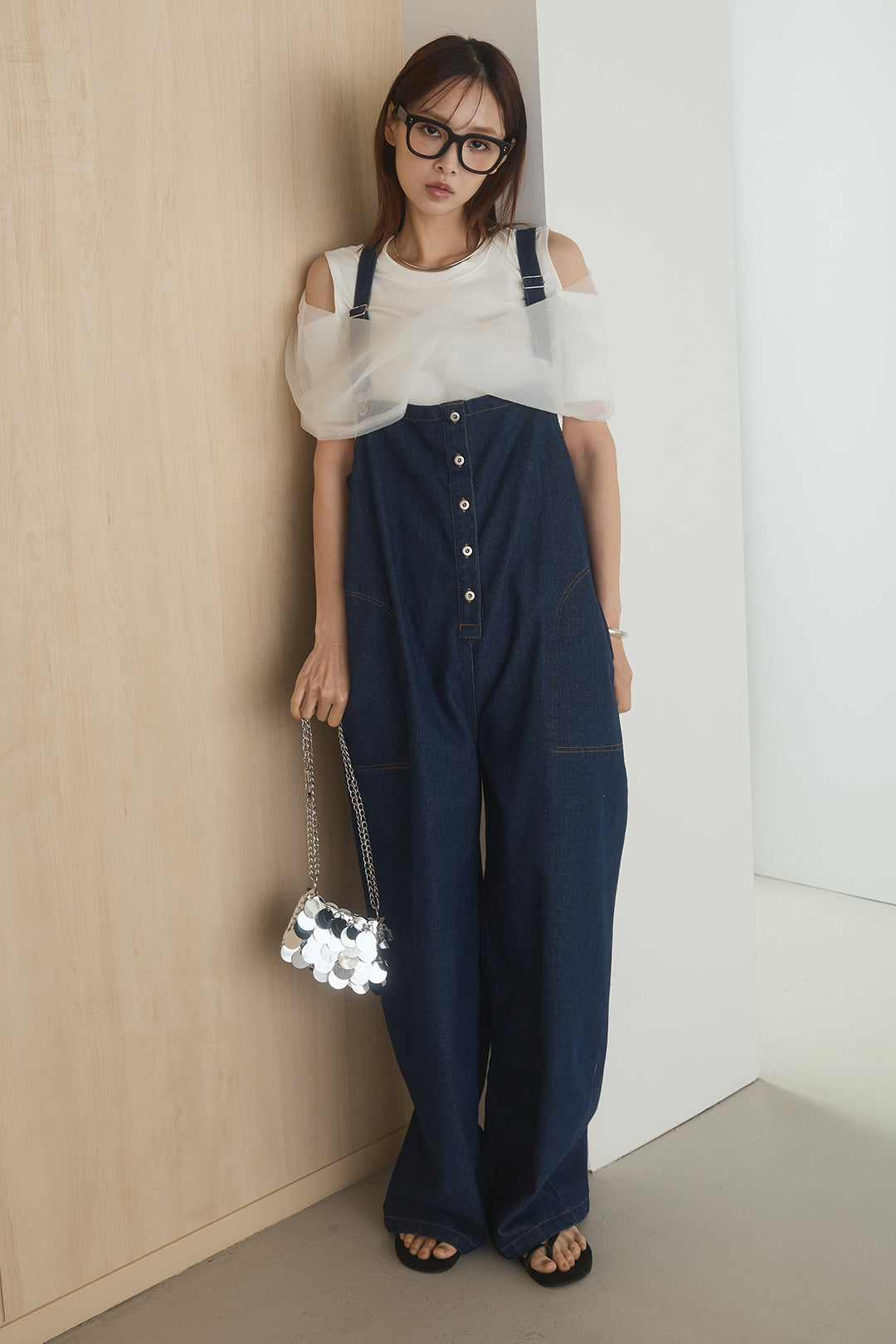 [SET]シアーレイヤーデザインカットソー+フロントボタンデニムサロペット(2set)