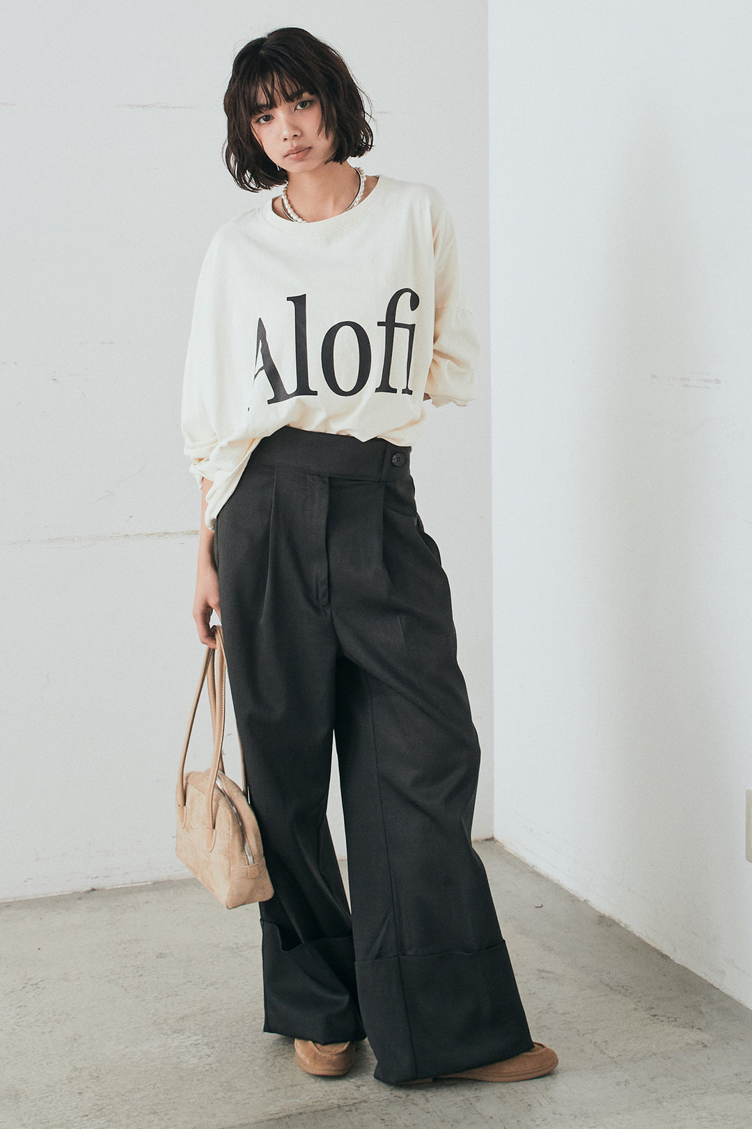 [SET]裾センタードロストロゴプリントワイドTシャツ+センタープレスセミワイドパンツ(2set)