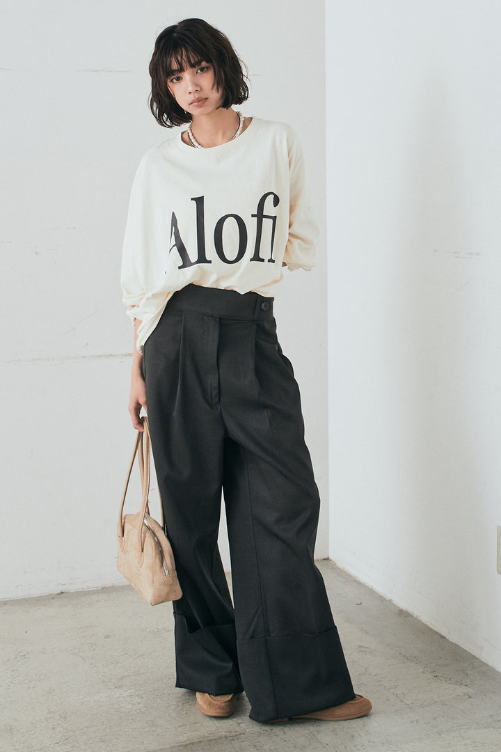 [SET]裾センタードロストロゴプリントワイドTシャツ+センタープレスセミワイドパンツ(2set)