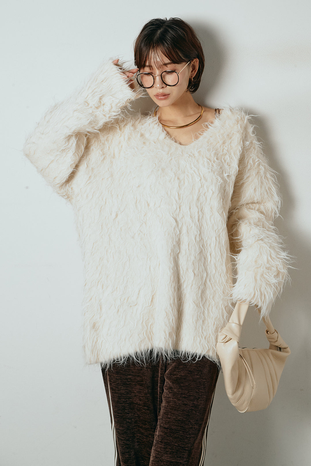 [SET]深Vネックシャギーニットトップス+リラックスサイドラインベロアワイドパンツ(2set)