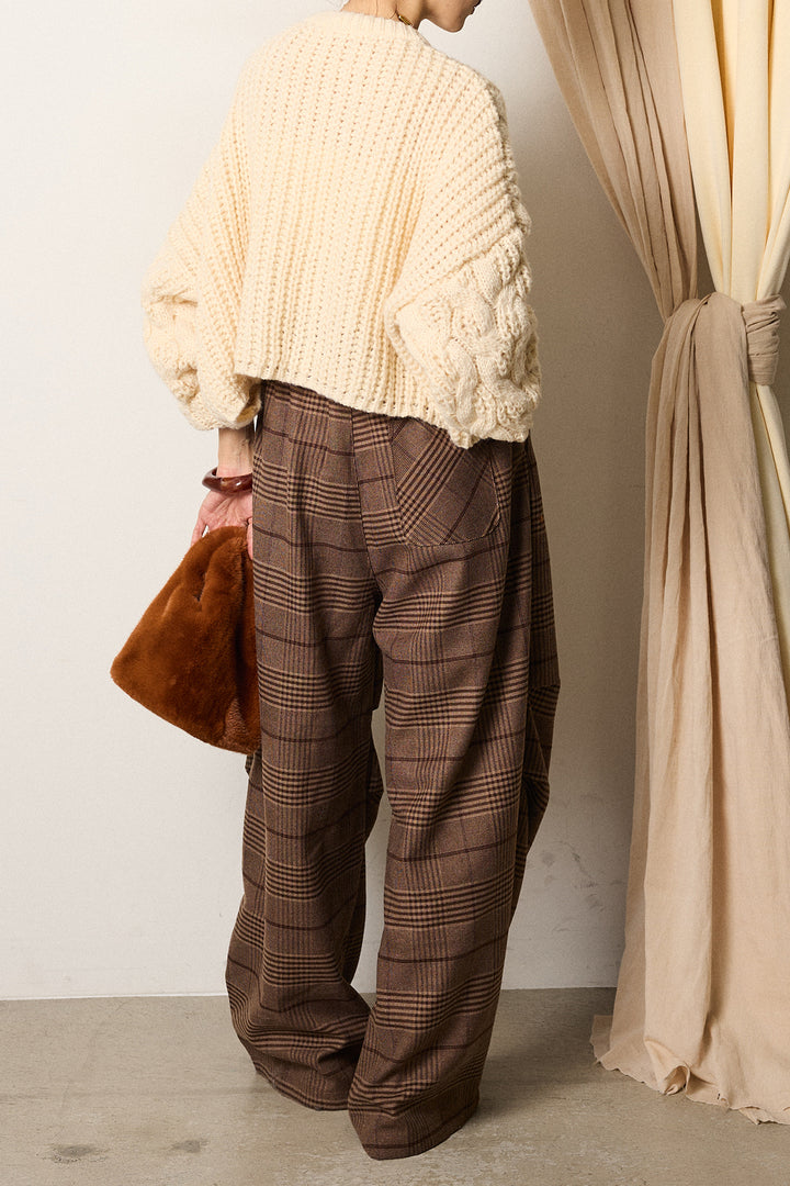 [SET]ケーブルリラックスショートニット+グレンチェックルーズタックパンツ(2set)