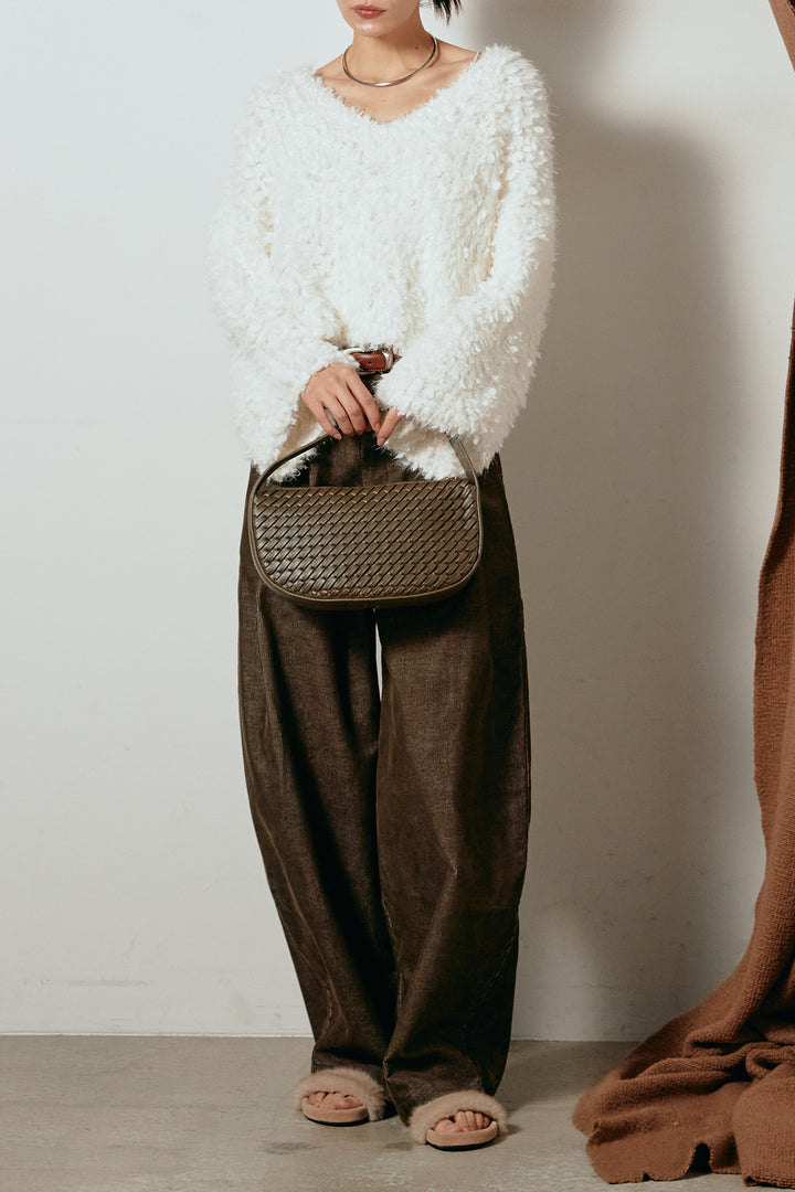 [SET]深Vネックチョウチョヤーンニットトップス+フロントタック入りコーデュロイパンツ(2set)