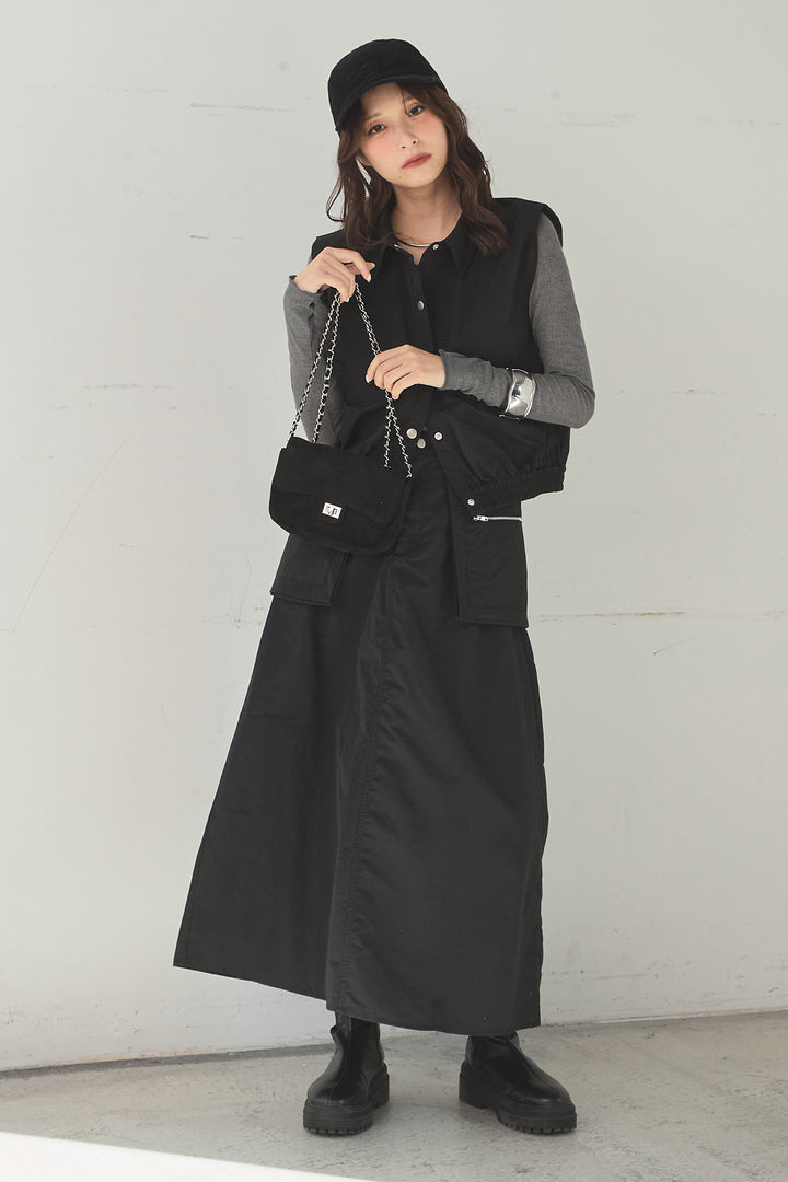 [SET]襟付きナイロンベスト+サイドデザインナイロンスカート(2set)