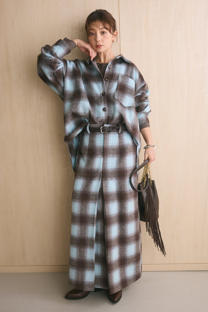 [SET]起毛チェック柄シャツジャケット+起毛チェック柄ボックスタックスカート+プレーティングクルーネックプルオーバー(3set)