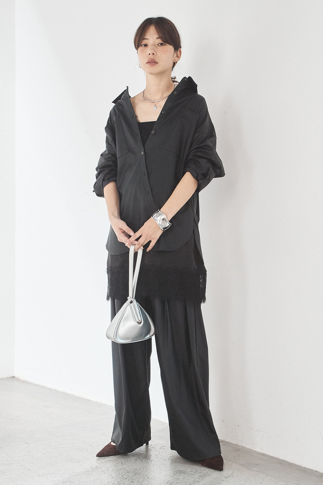 [SET]ウォッシャブルエコレザービックカフスシャツ+ウォッシャブルエコレザータックパンツ(2set)