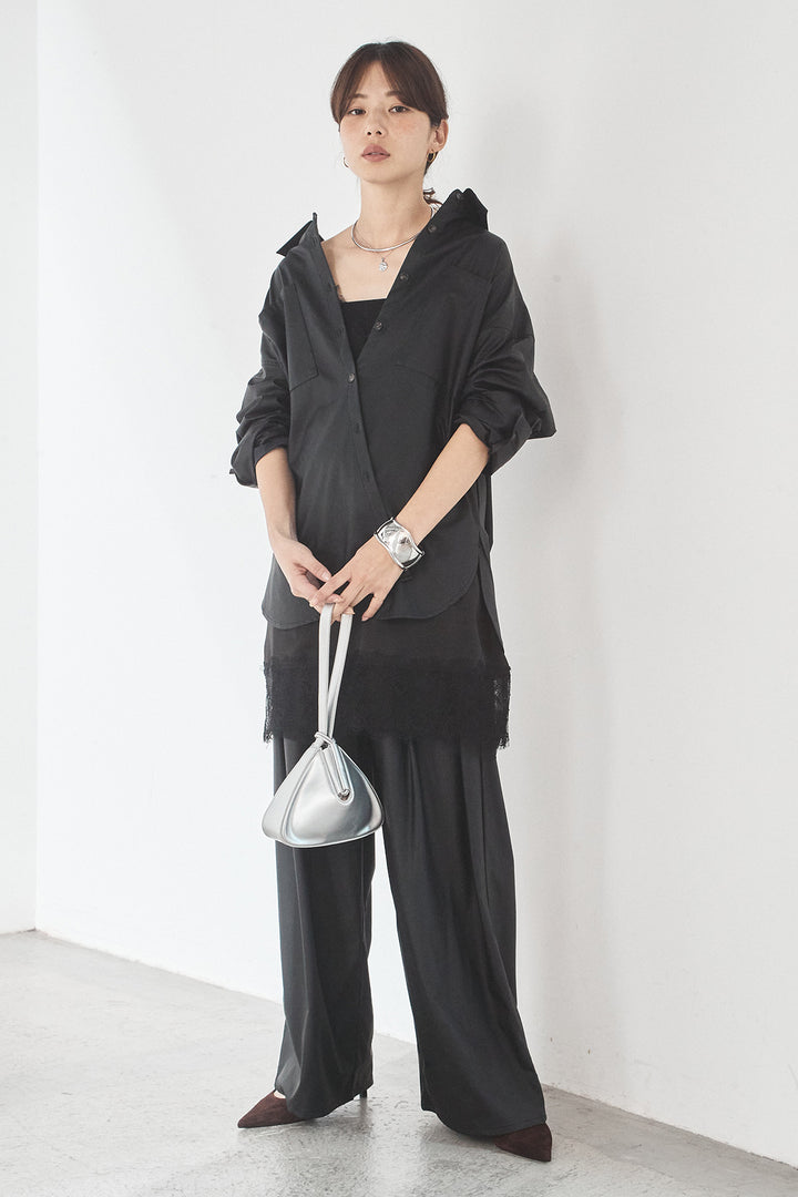 [SET]ウォッシャブルエコレザービックカフスシャツ+ウォッシャブルエコレザータックパンツ(2set)